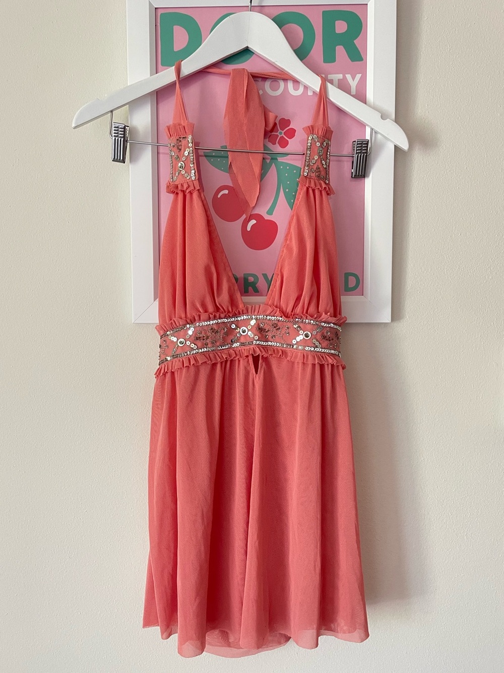 Vintage Y2K Two-G Mesh Halter Cami Going Out Tank Top McBling Sequin Embellished